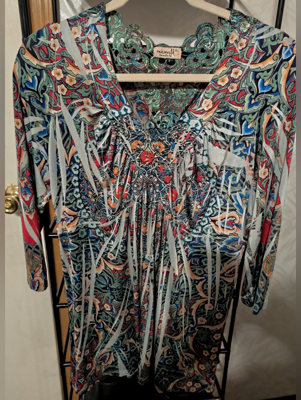 ONE WORLD Green Multicolor Floral & Paisley V-Neck Long Sleeve Blouse Size XL